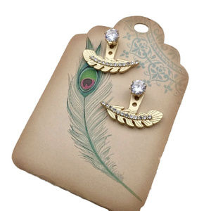 Gold crystal feather ear jacket earrings